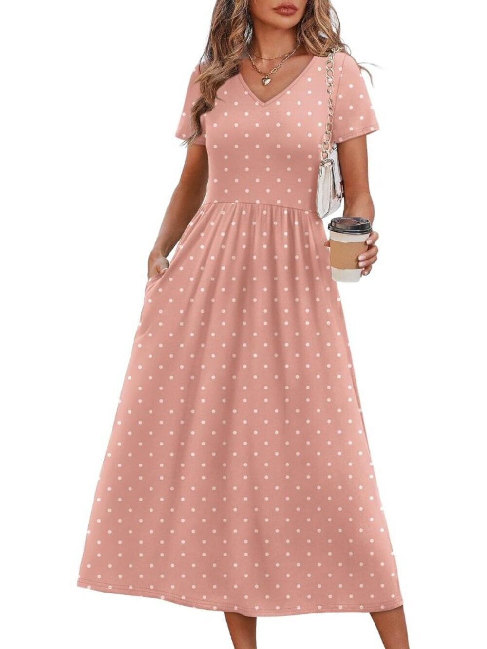Women's Pink Polka Dot Flowy Casual A Line Midi Beach Sundresses With Pocket
